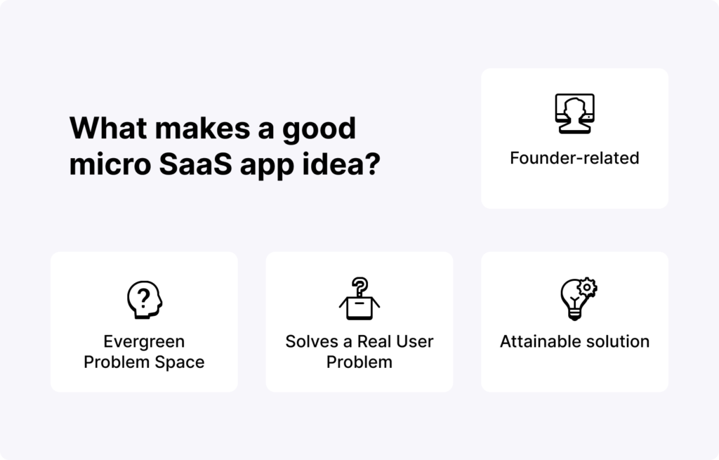 What makes a good micro SaaS app idea? The idea should be founder related, the idea should be in a evergreen problem space, it should solve a real user problem and attainable solution.