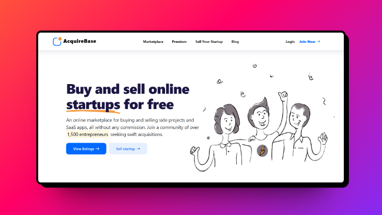 A landing page screenshot of Acquire base, a micro saas for sale platform. 