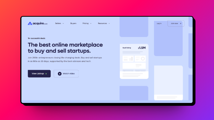 A landing page screenshot of Acquire.com, a micro saas for sale platform. 