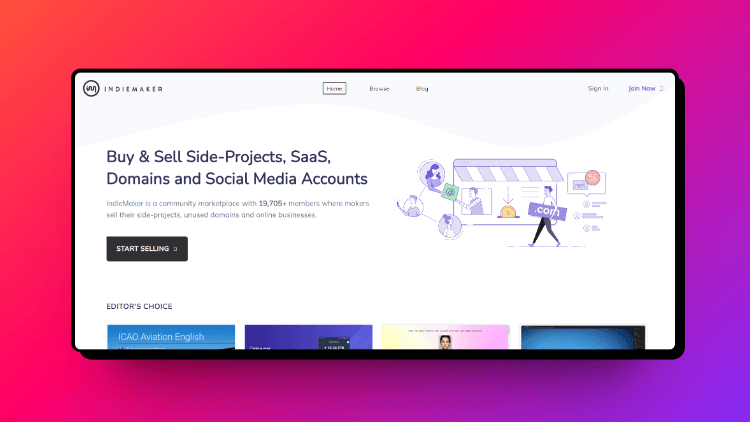 A landing page screenshot of IndieMaker, a micro saas for sale platform. 