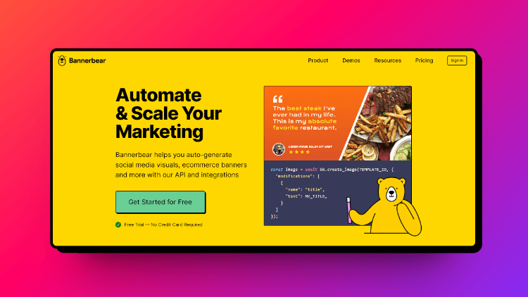 A screenshot of Banner bear landing page that is a micro saas startup.