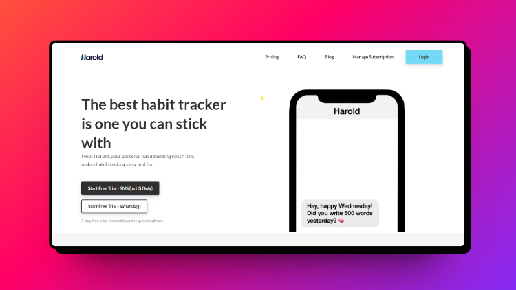 A screenshot of Harold landing page that is a micro saas startup.